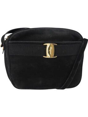 Salvatore Ferragamo Vala Shoulder Bag Suede Black Gold